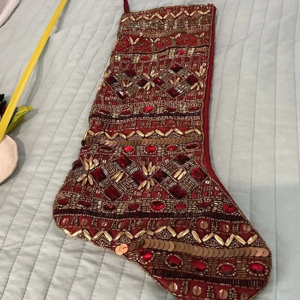 Kim Seybert Beaded Christmas Stocking Red Gold Jeweled Holiday Decor 19”
